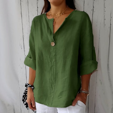 Women's V-Neck Long-Sleeve Linen Button Top – Loose Casual Blouse