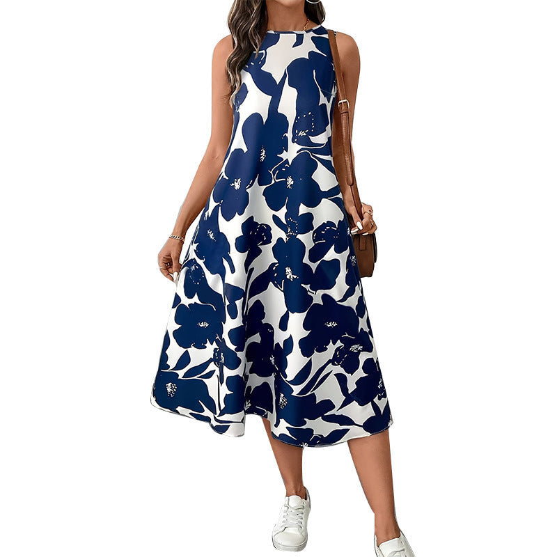 Floral A-Line Midi Dress Sleeveless Button-Front Vest Dress