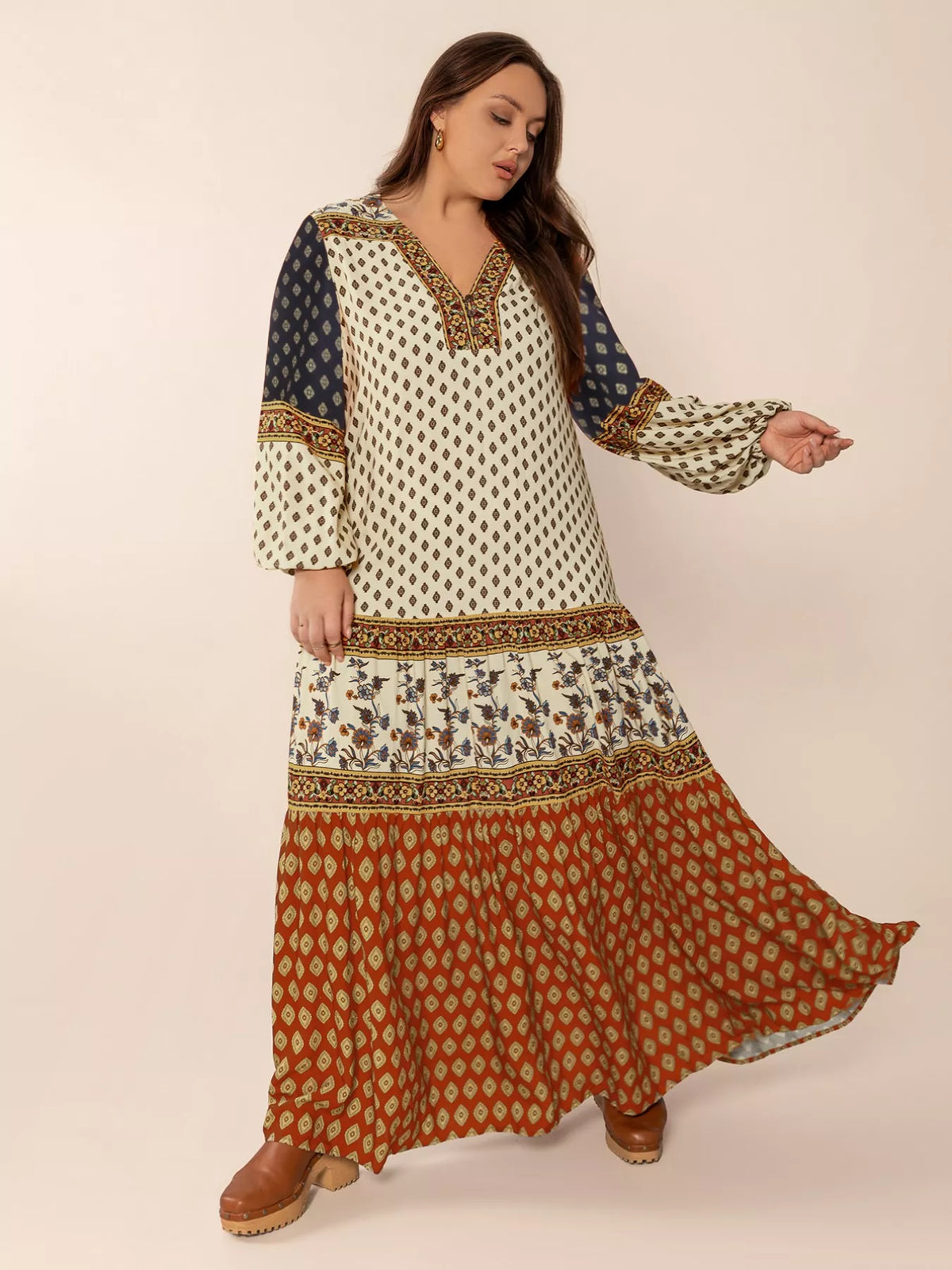 Plus Size Notched Balloon Sleeve Maxi Dress