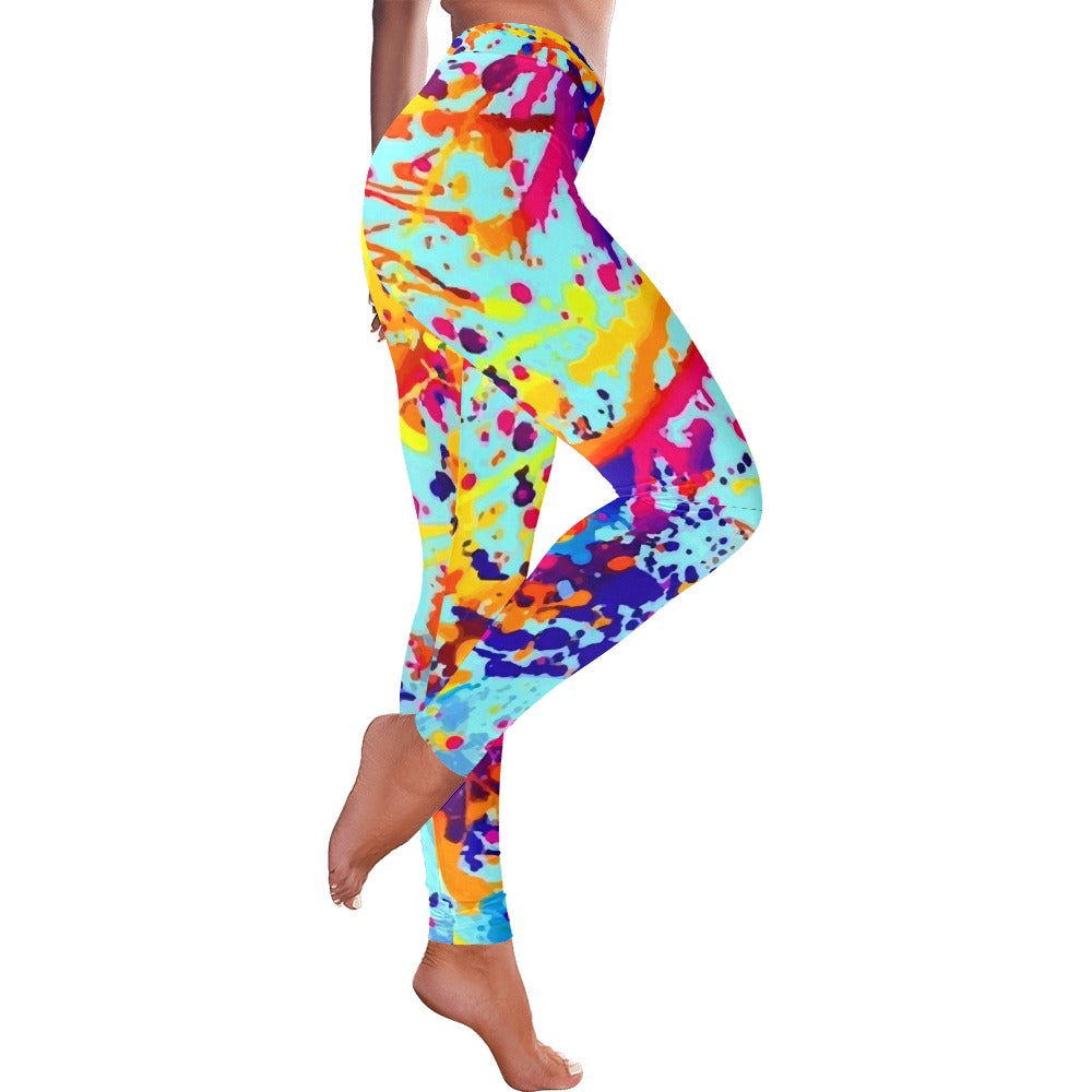 Women's Low Rise Paint Splatter Leggings - Vibrant All-Over Print - Image 2