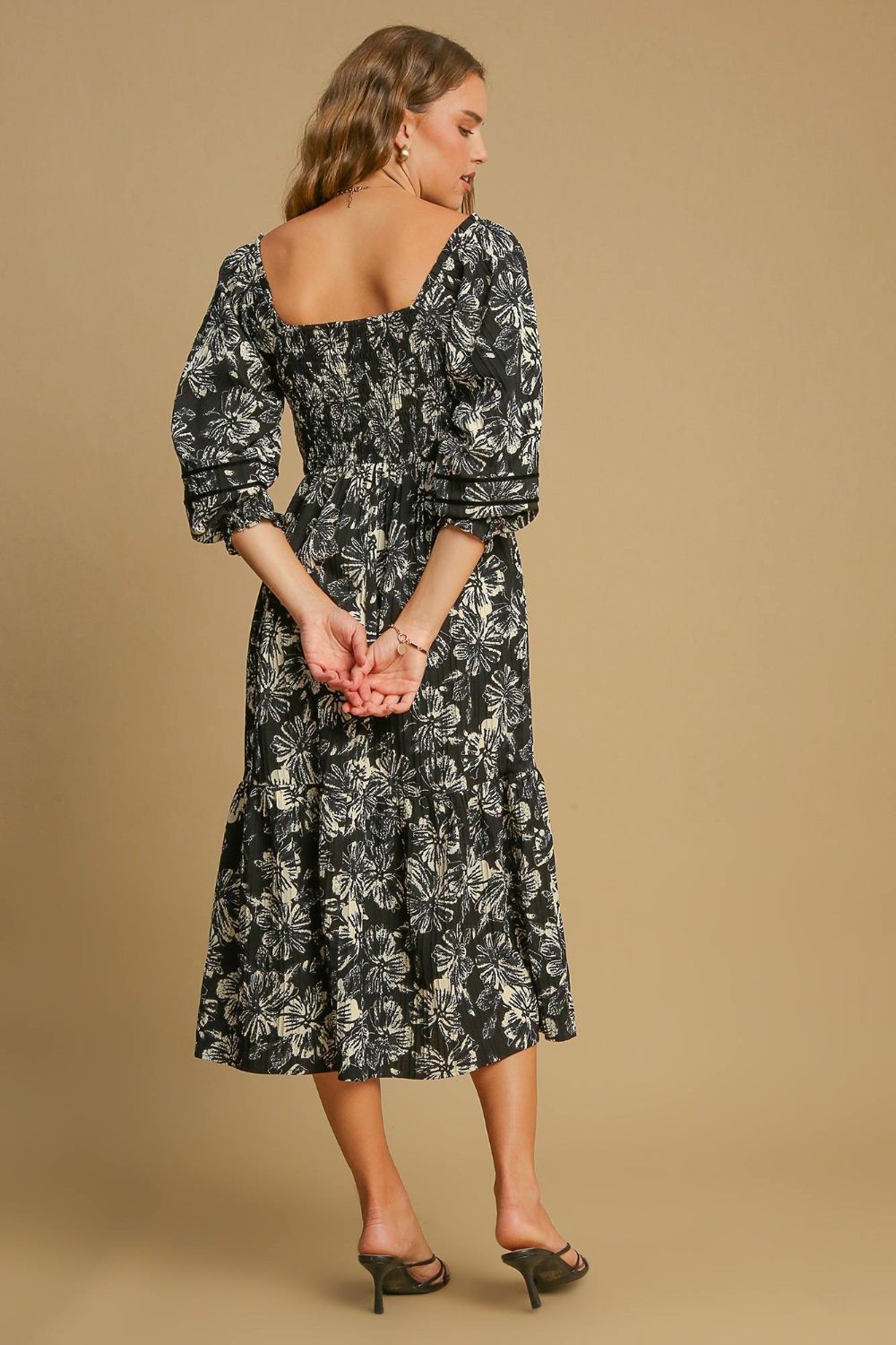 Black and Cream Floral Ruffle Hem V-Neck Mini Dress