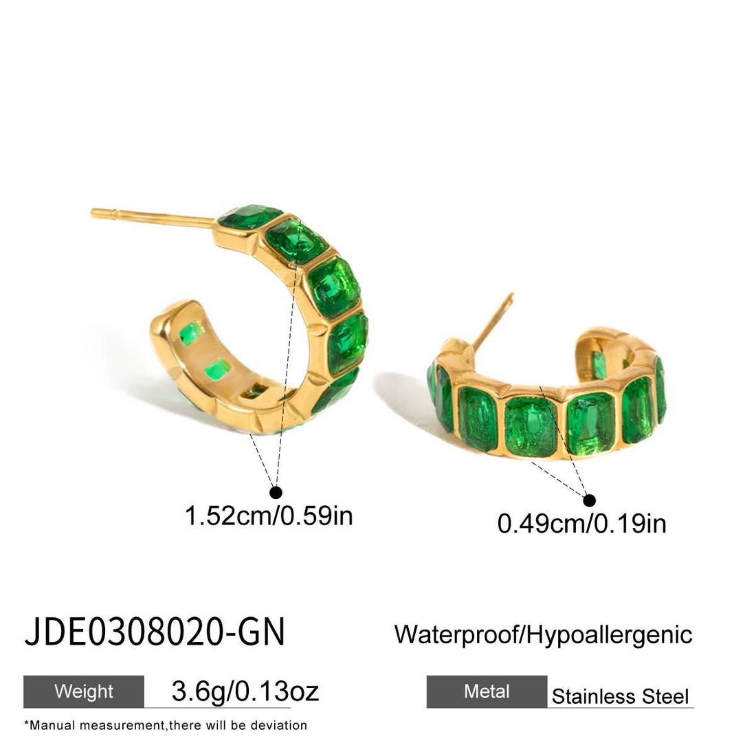 Green Zircon Hoop Earrings with Tassel Drop in Stainless Steel