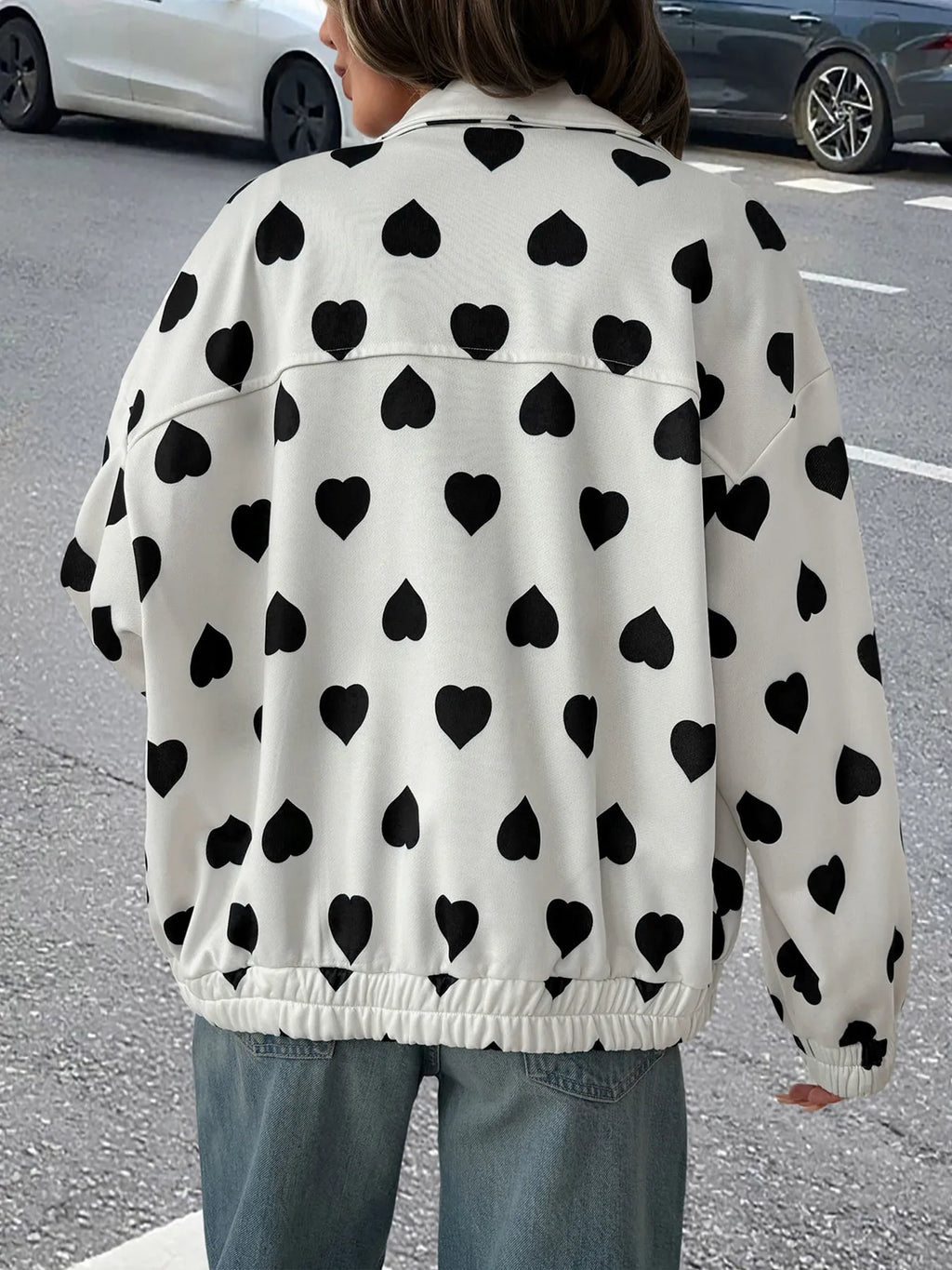 Women's Heart Print Zip Up Casual Jacket with Pockets - Image 6