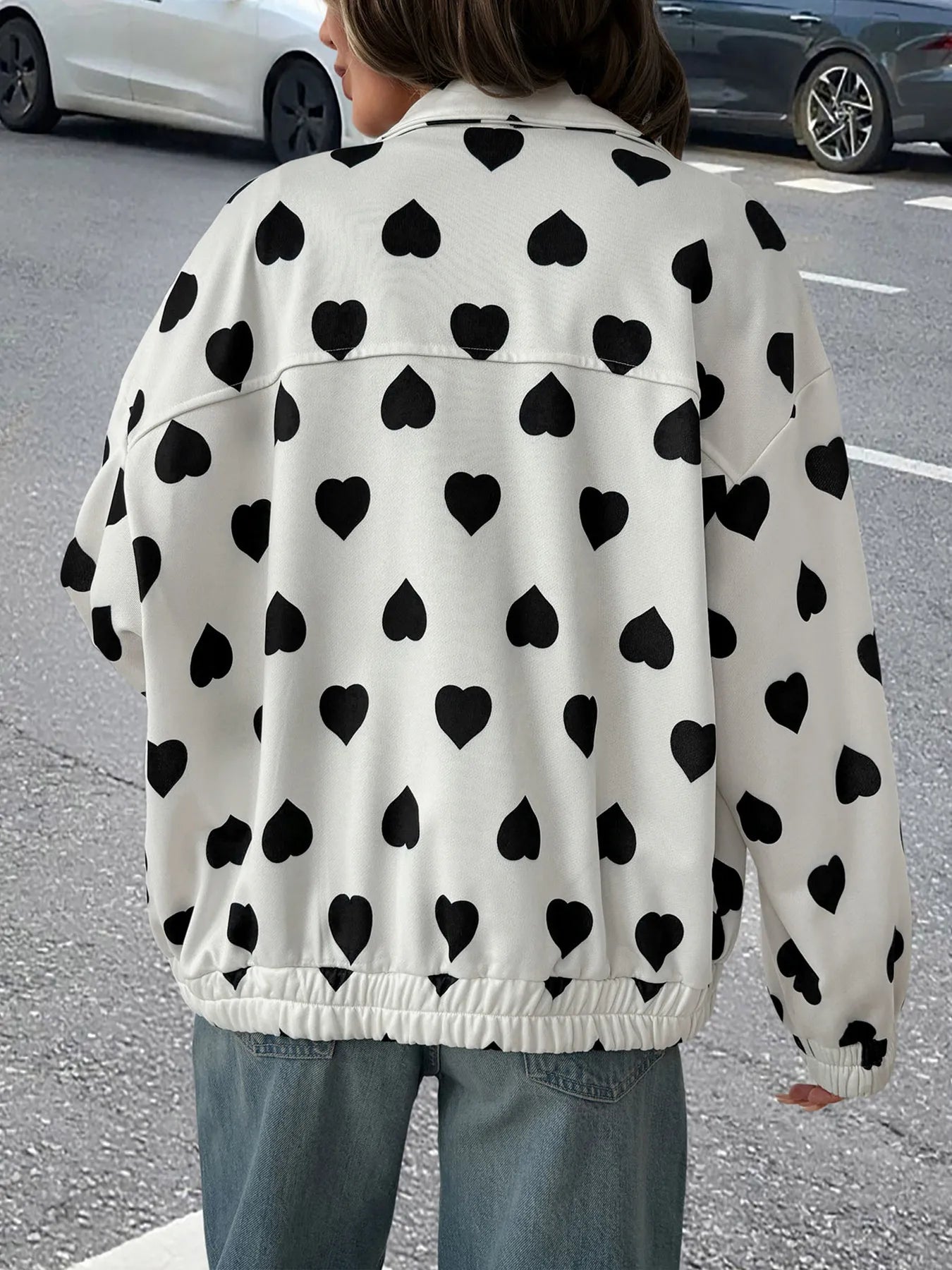 Women's Heart Print Zip Up Casual Jacket with Pockets - Image 6