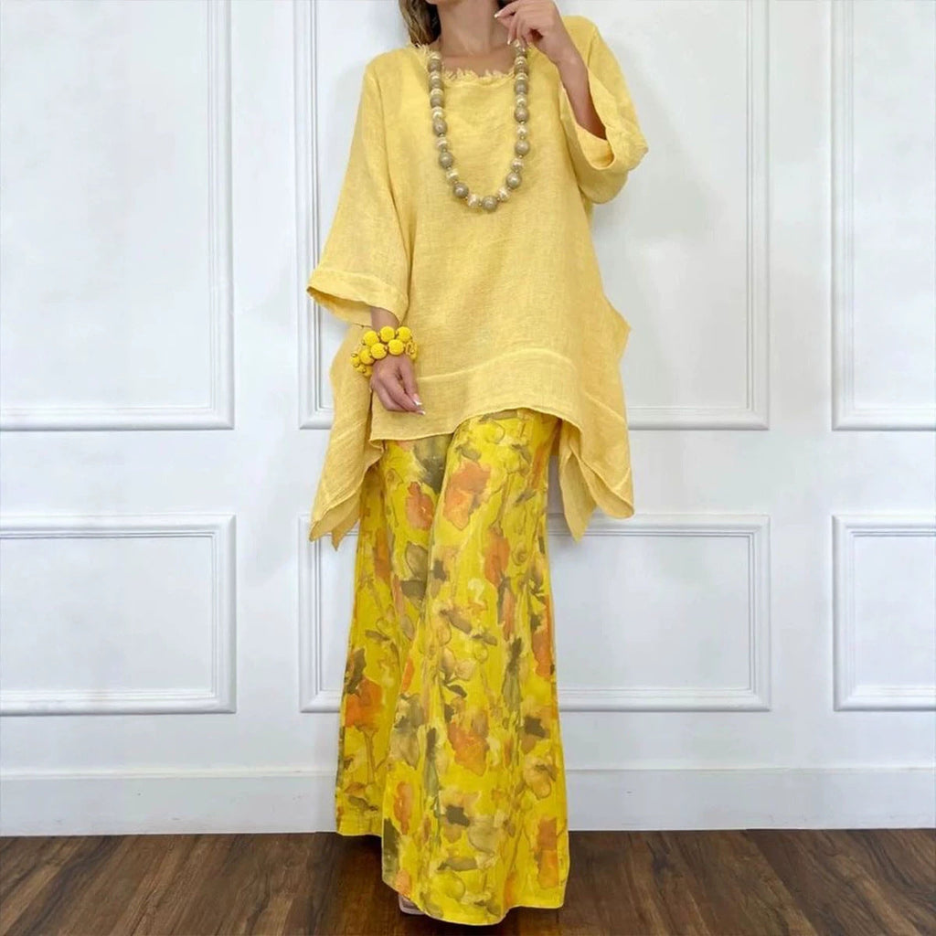 Cotton-Linen Irregular Hem Drop-Shoulder Top & Wide-Leg Pants Set | 3 Colors