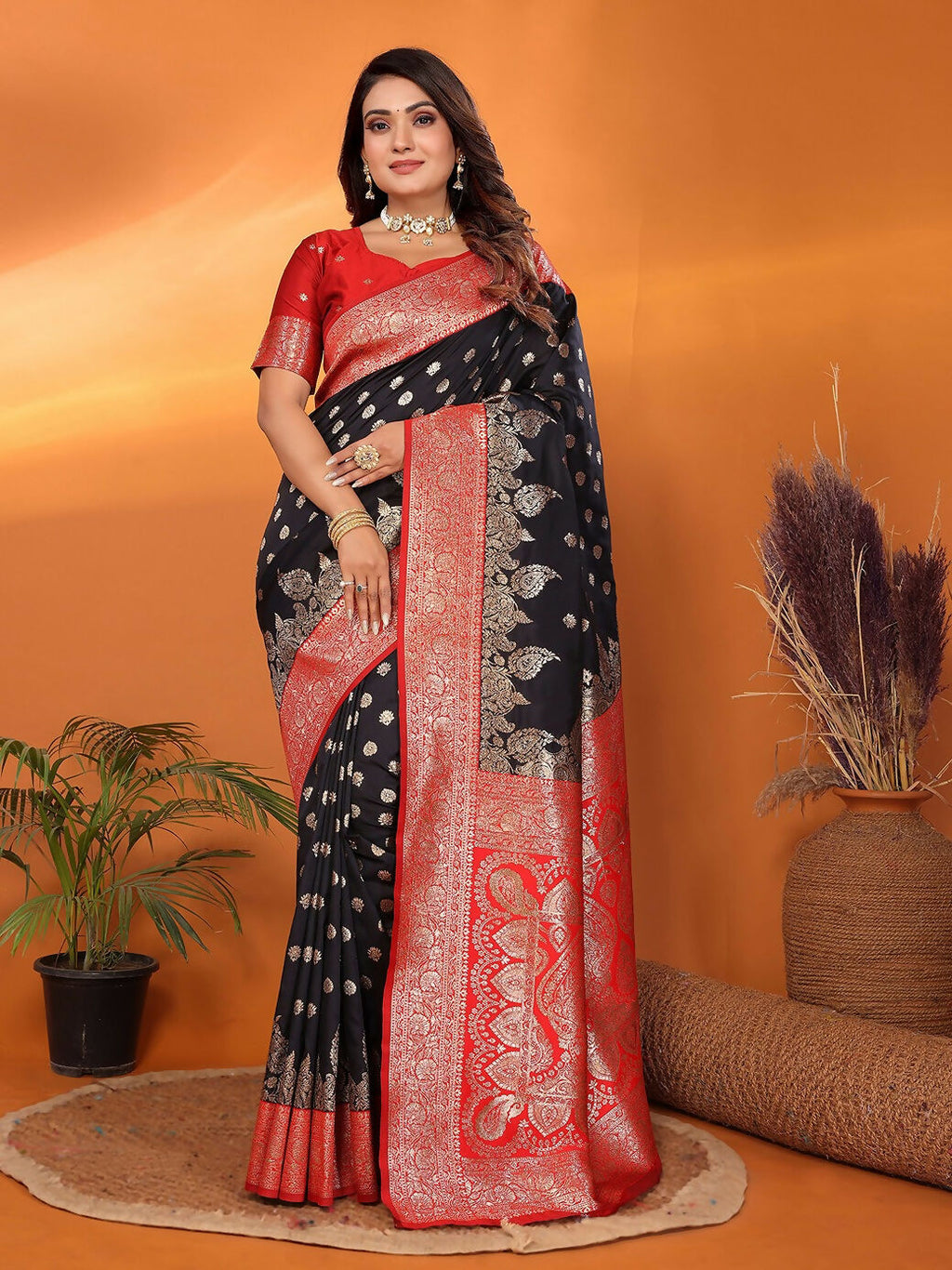 Black Banarasi woven soft silk saree featuring elegant woven textures