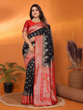 Black Banarasi woven soft silk saree featuring elegant woven textures
