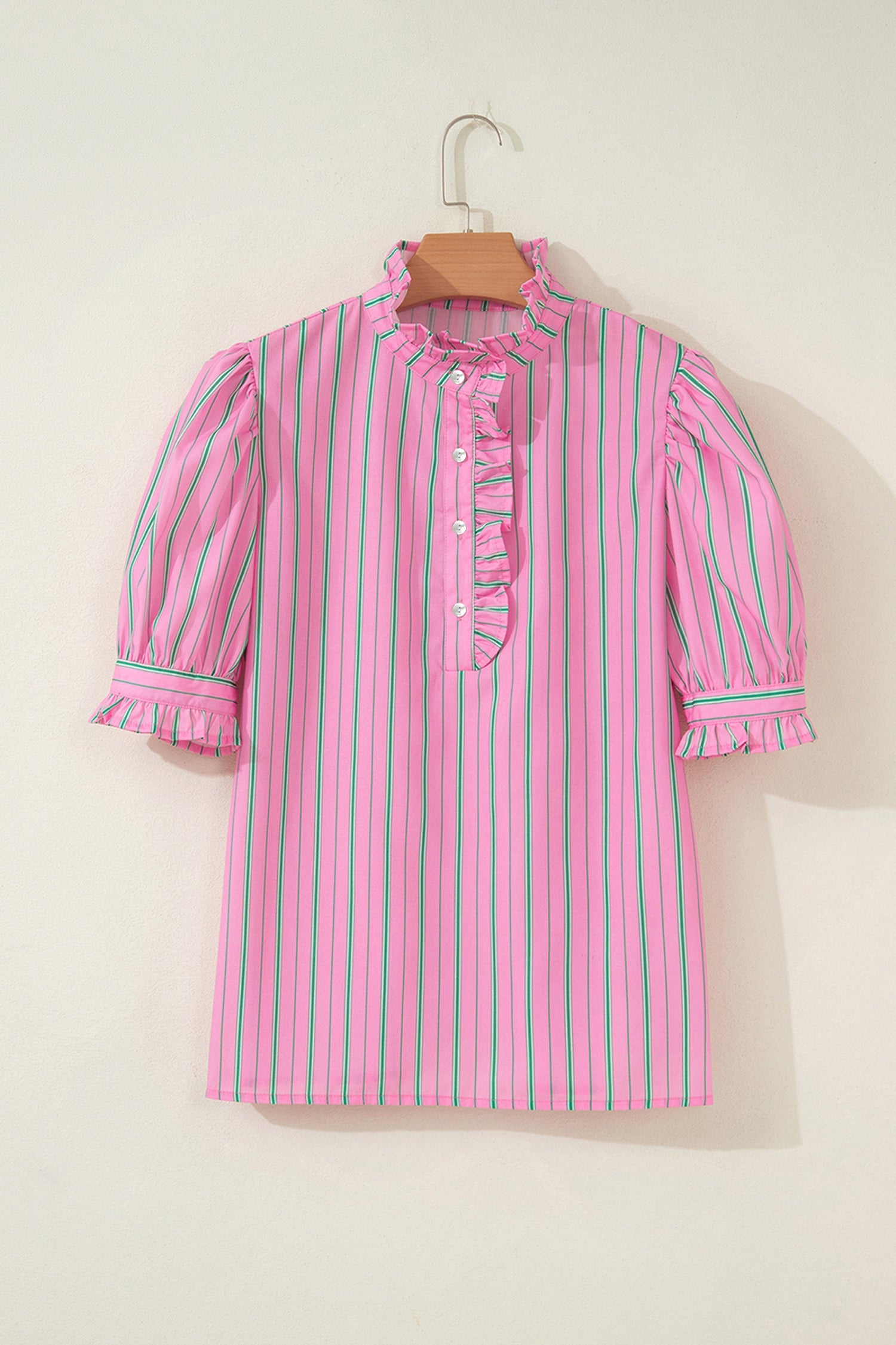Tiffany Short Puff Sleeve Ruffled Blouse Striped Top