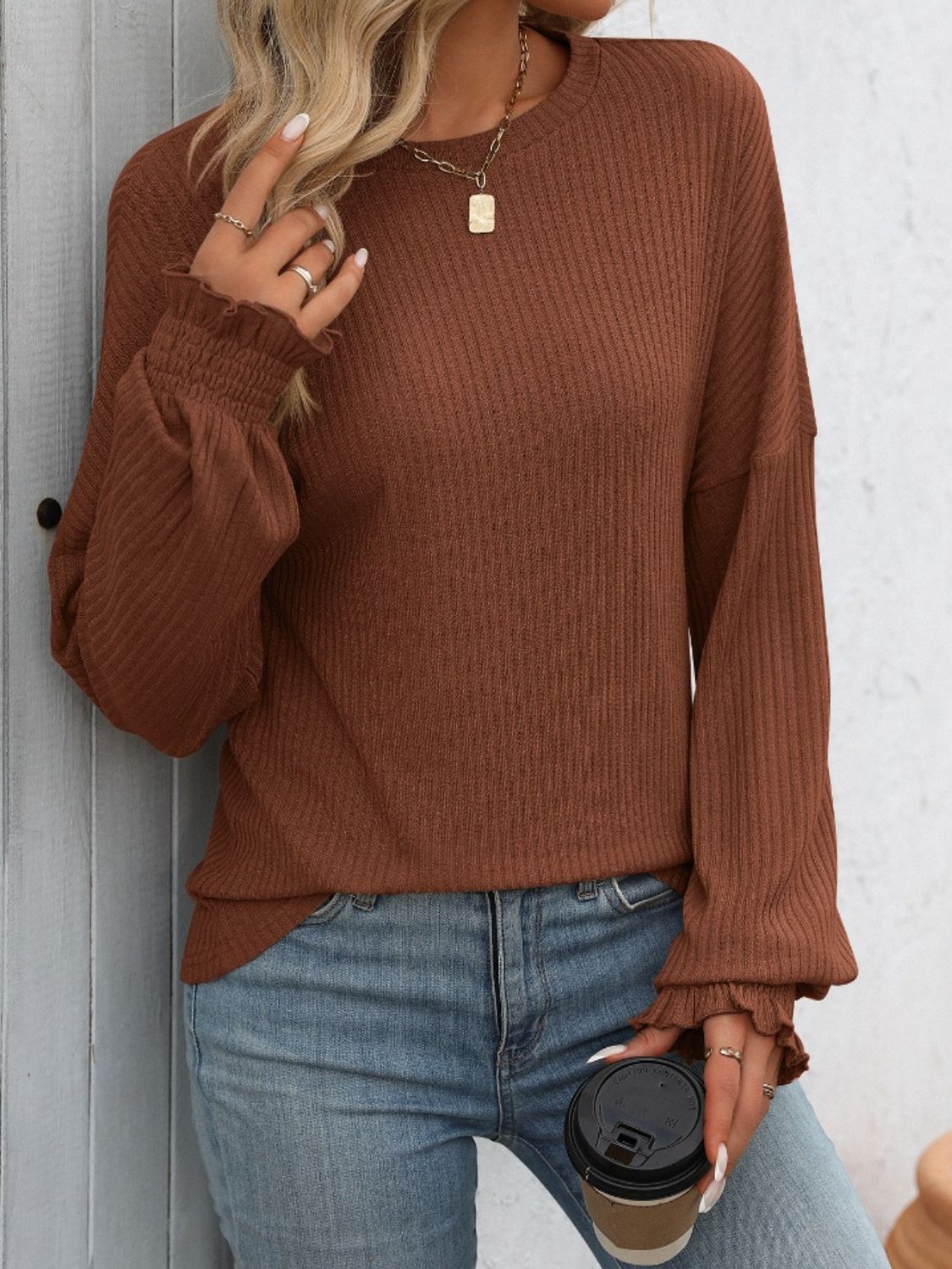 Mandy Ribbed Round Neck Long Sleeve T-Shirt in Mocha - Image 13