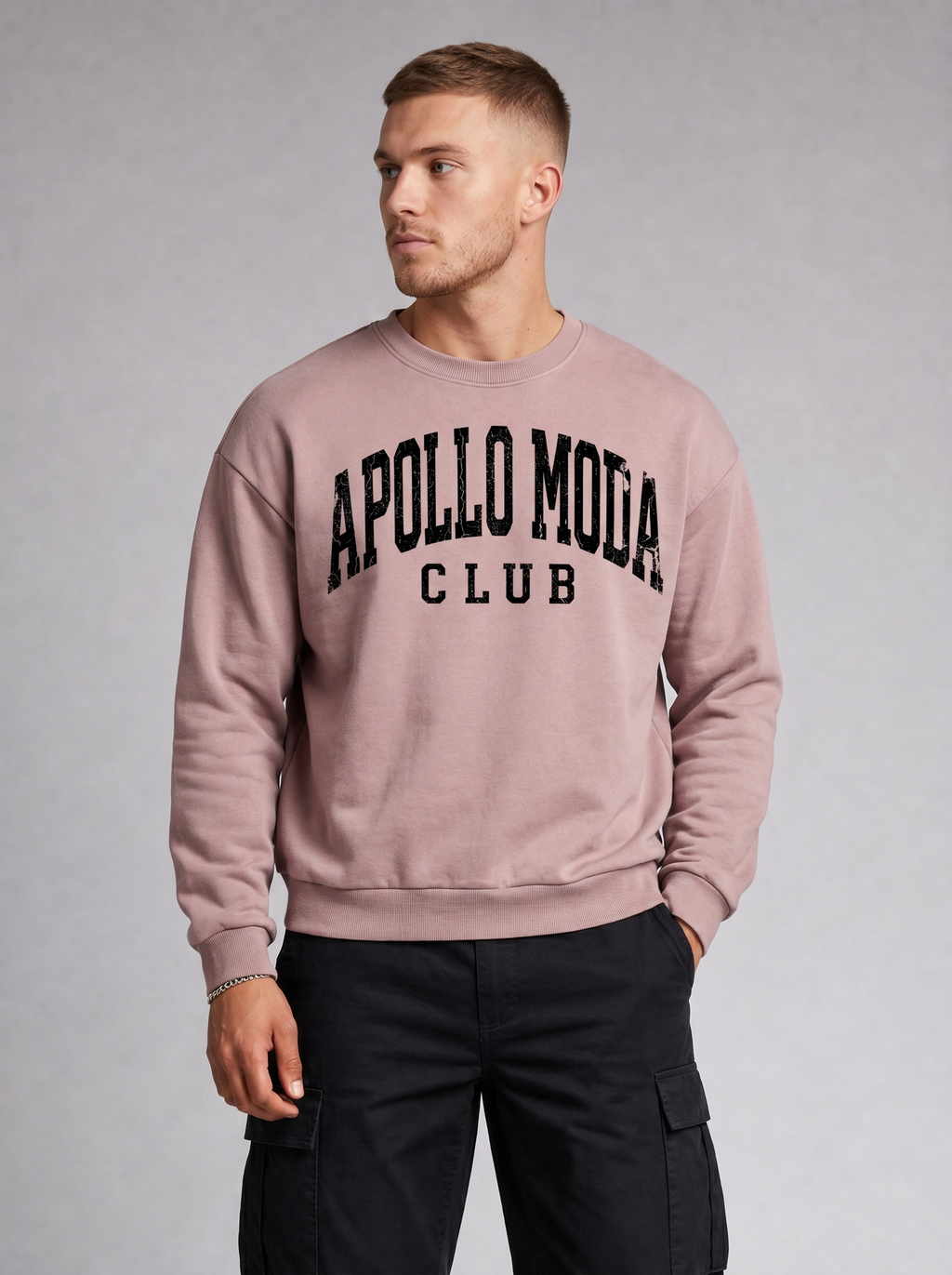 Oversized Collegiate Crewneck Sweatshirt in Dusty Rose and Black