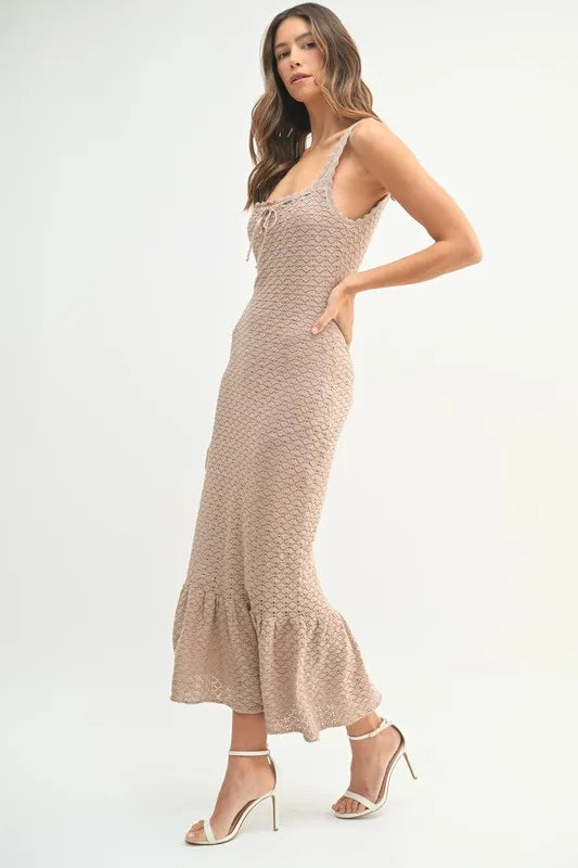 Sleeveless Crochet Knit Midi Dress with Ruffled Hem