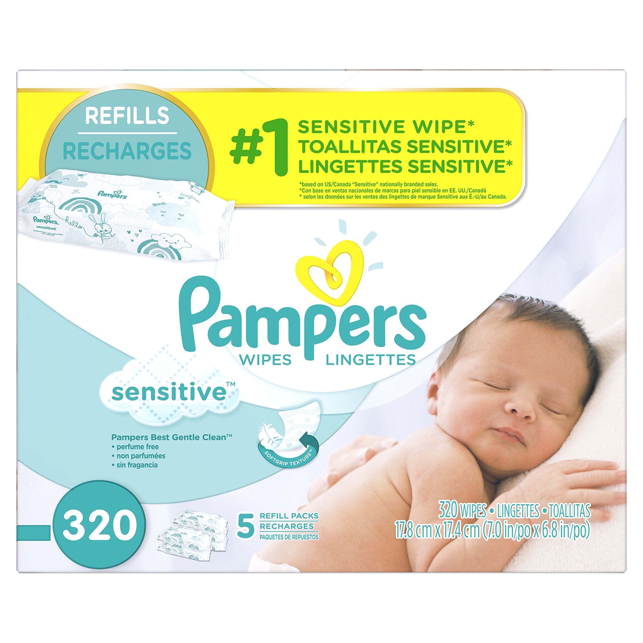 Pampers Sensitive Water Based Baby Wipes 5X Refill Packs 64 Count (Pack of 5)