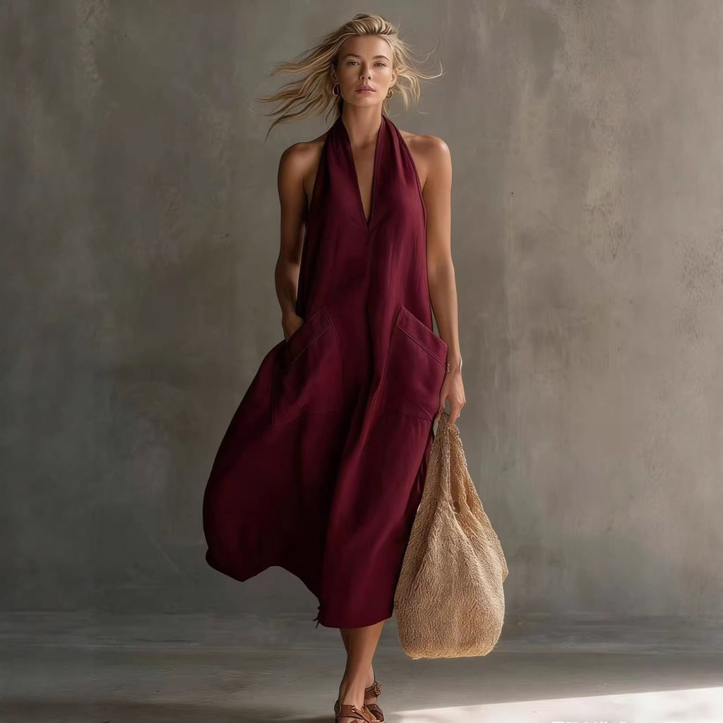 Women's V-Neck Sleeveless Midi Dress with Pockets - Image 5