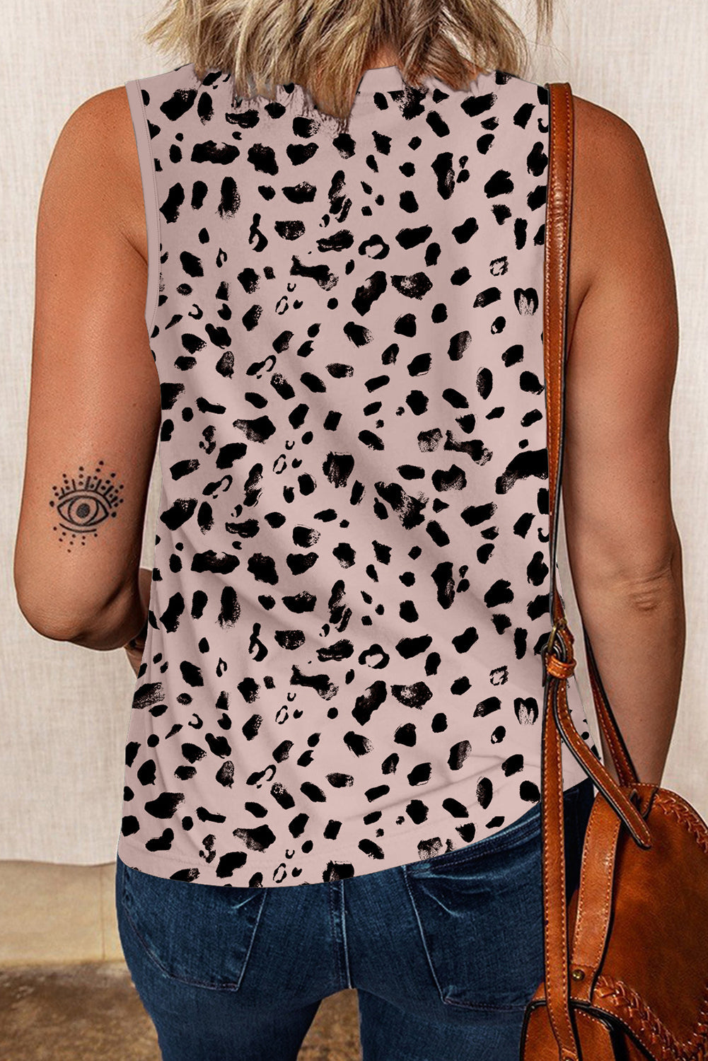Apricot Allover Leopard Print Round Neck Tank Top
