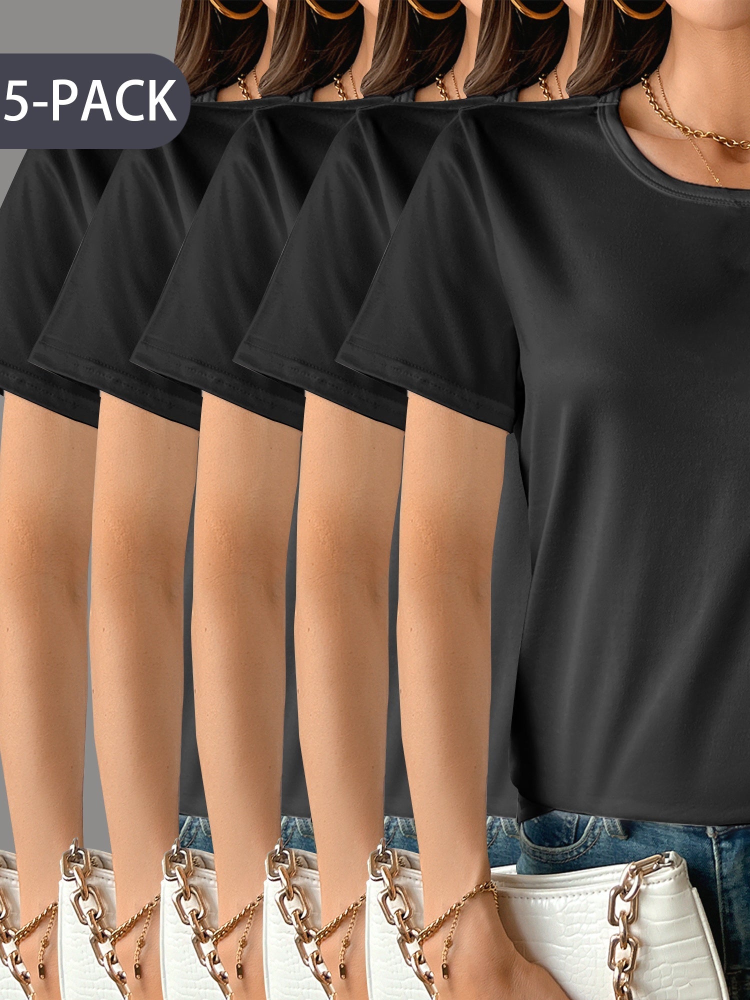 Womens 5 Pack Soft Stretch Casual Round Neck T-Shirts - Image 3