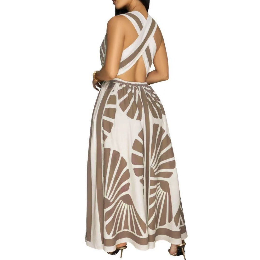 Women’s V-Neck Backless Tropical Print Large Swing Dress