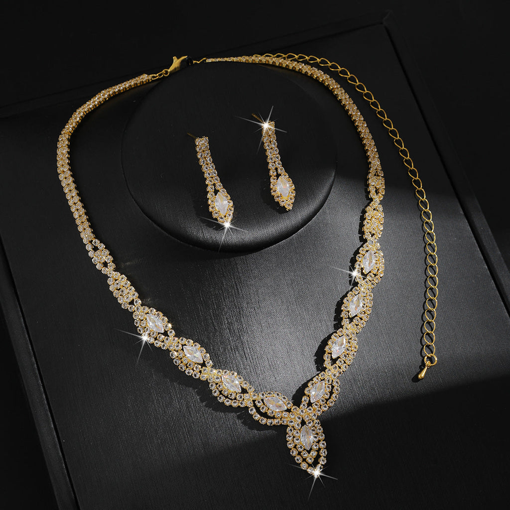 Women 2 Pcs Gold Tone Twisted Marquise Rhinestone Jewelry Set,Necklace And Dangle Earrings,Elegant Bridal Costume Accessories For Wedding Banquet Party Occasion
