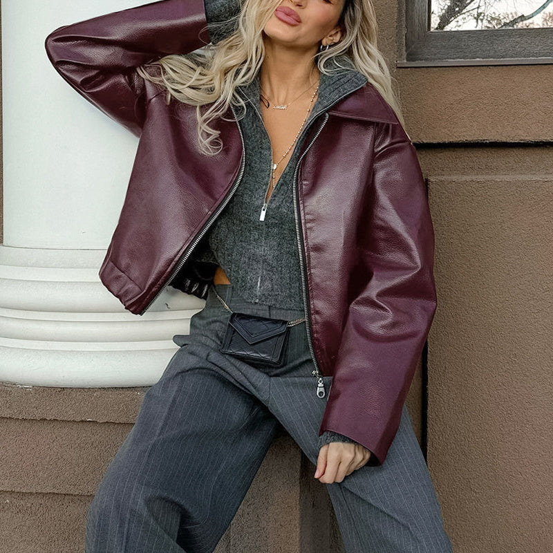 Vintage Style Women's Solid Color Faux Leather Jacket