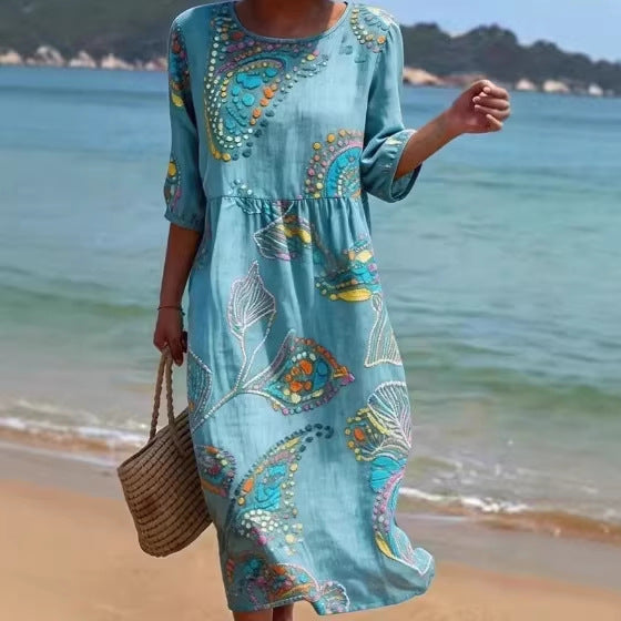 Women's 3D Floral Print Midi Dress Crew Neck Long Sleeve - Image 4