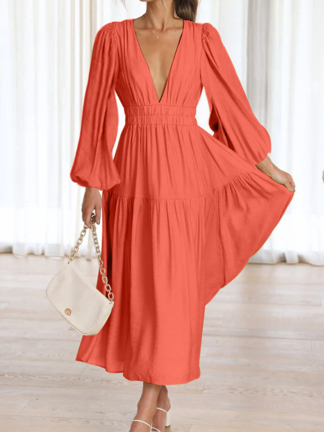 Bohemian Deep V-Neck Maxi Dress with Dramatic Balloon Sleeves