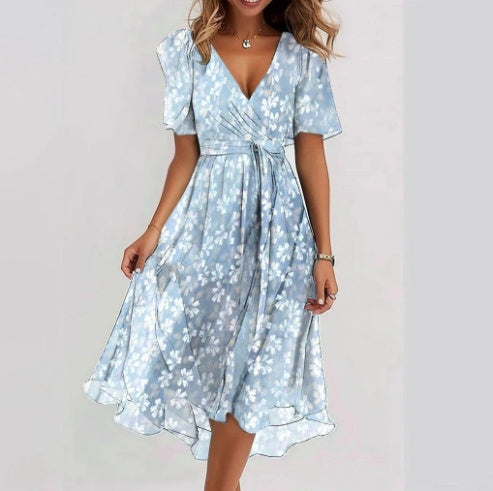 Floral Chiffon V-Neck Short Sleeve Dress for Summer Elegance