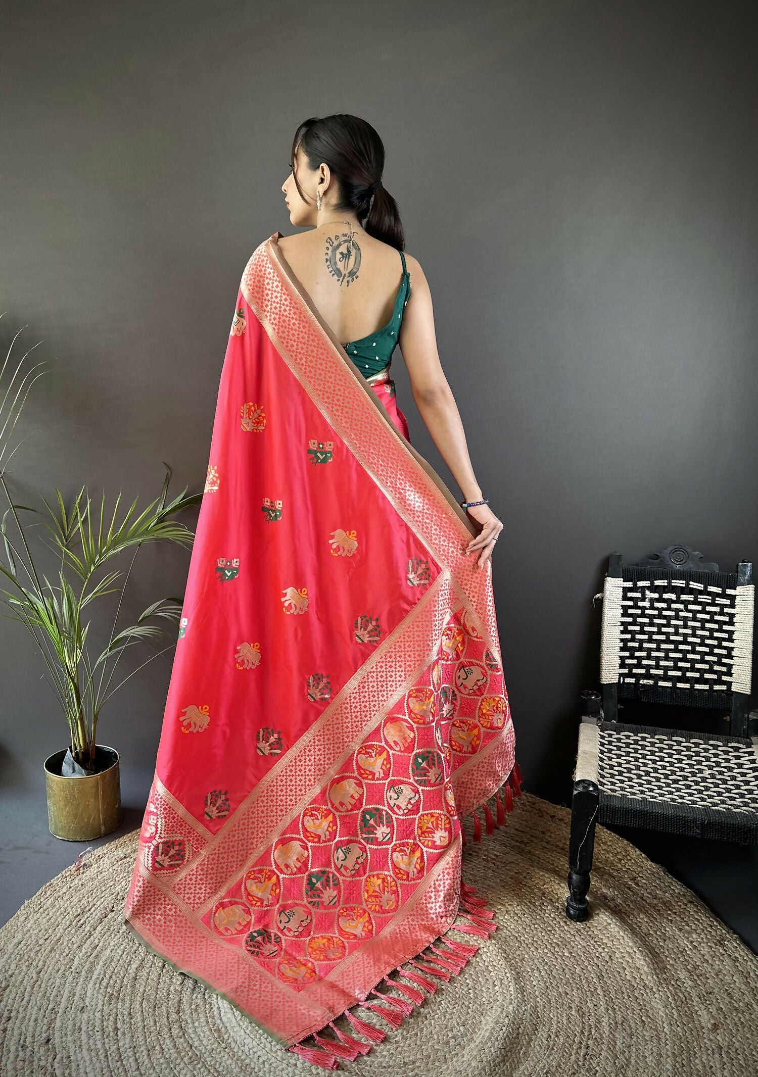 Peach Soft Lichi Silk Banarasi Saree with Elephant & Floral Motifs