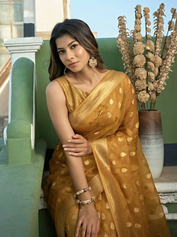 Light Yellow Organza Silk Saree with Weaving Work and Tassels