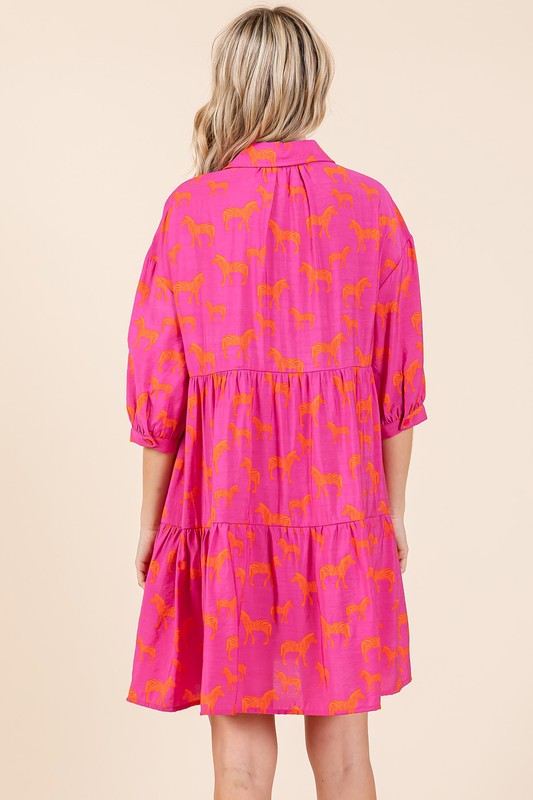 Zebra Print Button Down Mini Dress: Tiered Flutter Shirt Dress