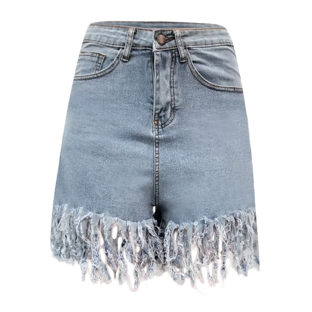 Fringed Women's Denim Shorts - Casual Straight-Leg Pants