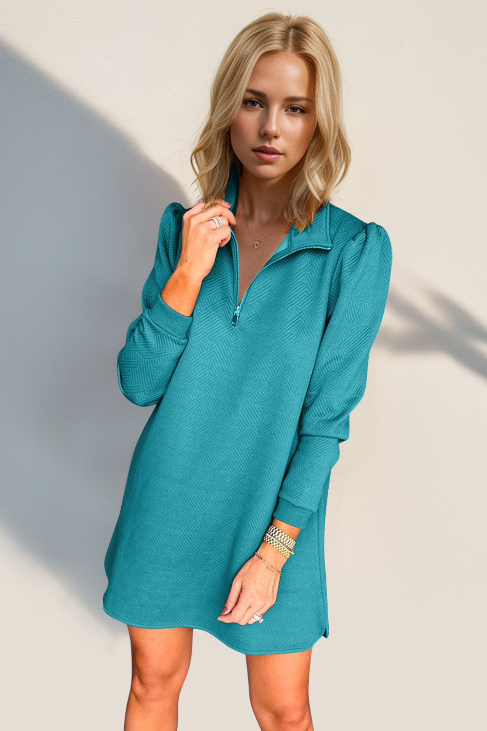 Textured Zip-Front Long Sleeve Dress - Elegant Women's Apparel