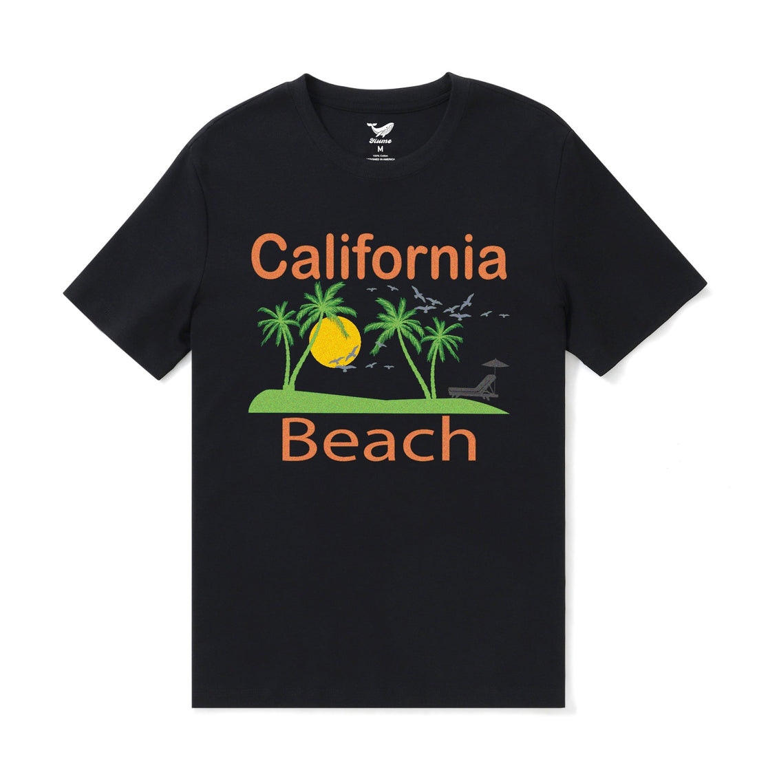 Men's black crew neck t-shirt featuring a golden beach sunset and palm tree graphic