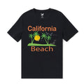 Men's black crew neck t-shirt featuring a golden beach sunset and palm tree graphic