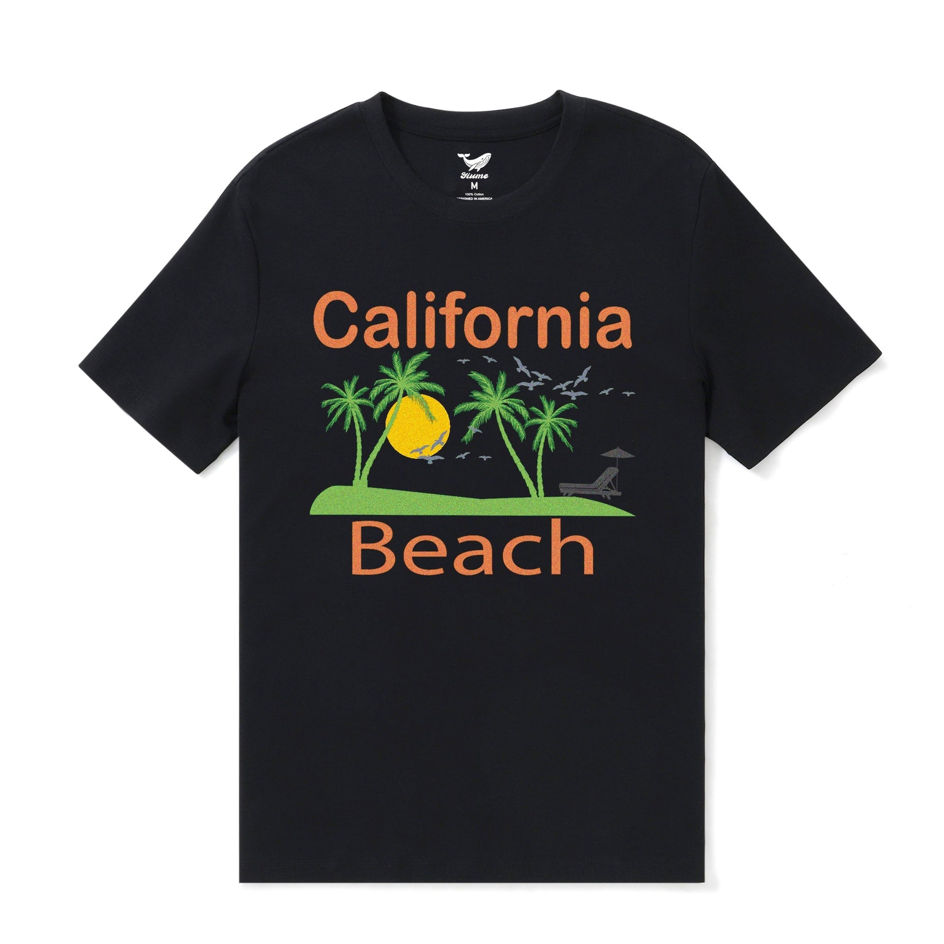 Men's black crew neck t-shirt featuring a golden beach sunset and palm tree graphic