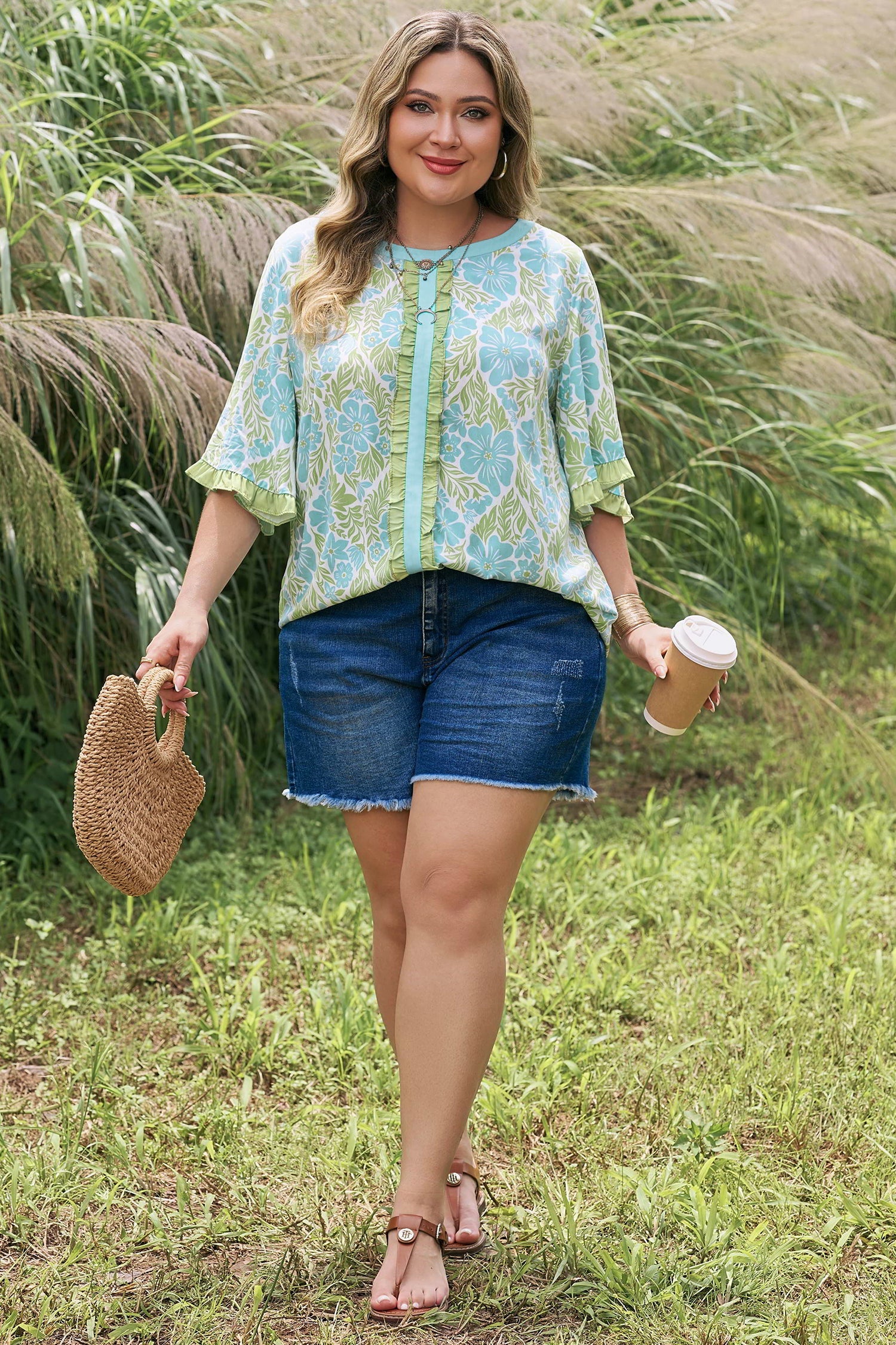 Elina Floral Short Sleeve Blouse with Ruffled Trim and Color Block