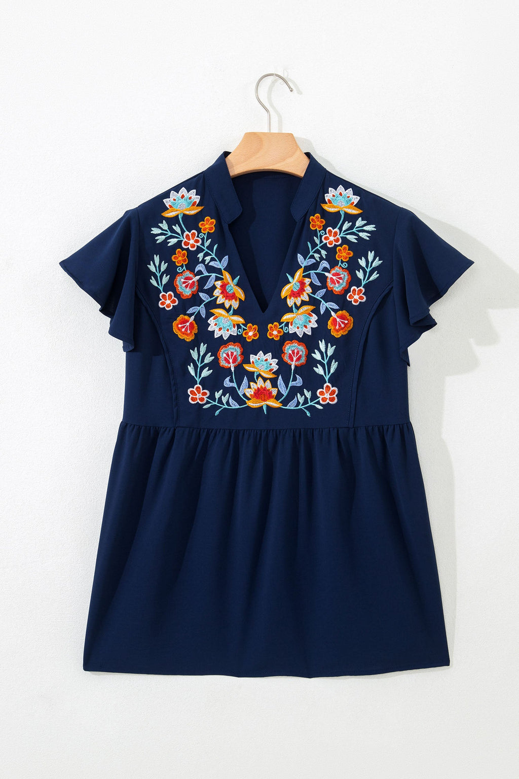 Embroidered Babydoll Blouse with Notched Neck and Ruffle Sleeves