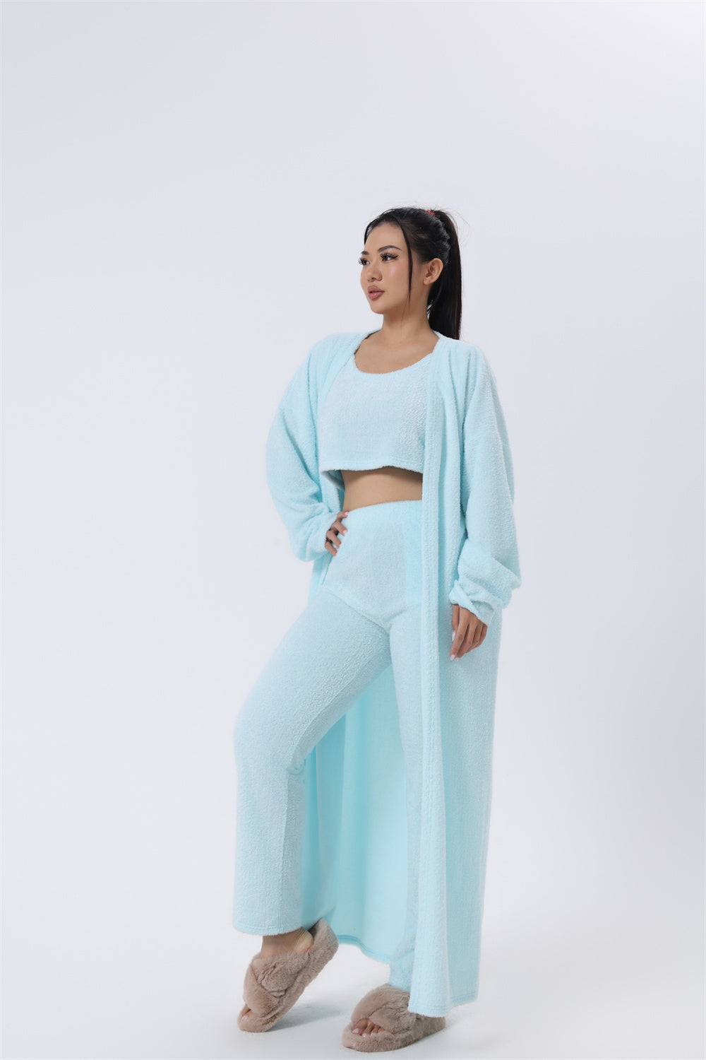 3-Piece Cozy Lounge Set: Soft Knit Crop Top, Pants & Cardigan