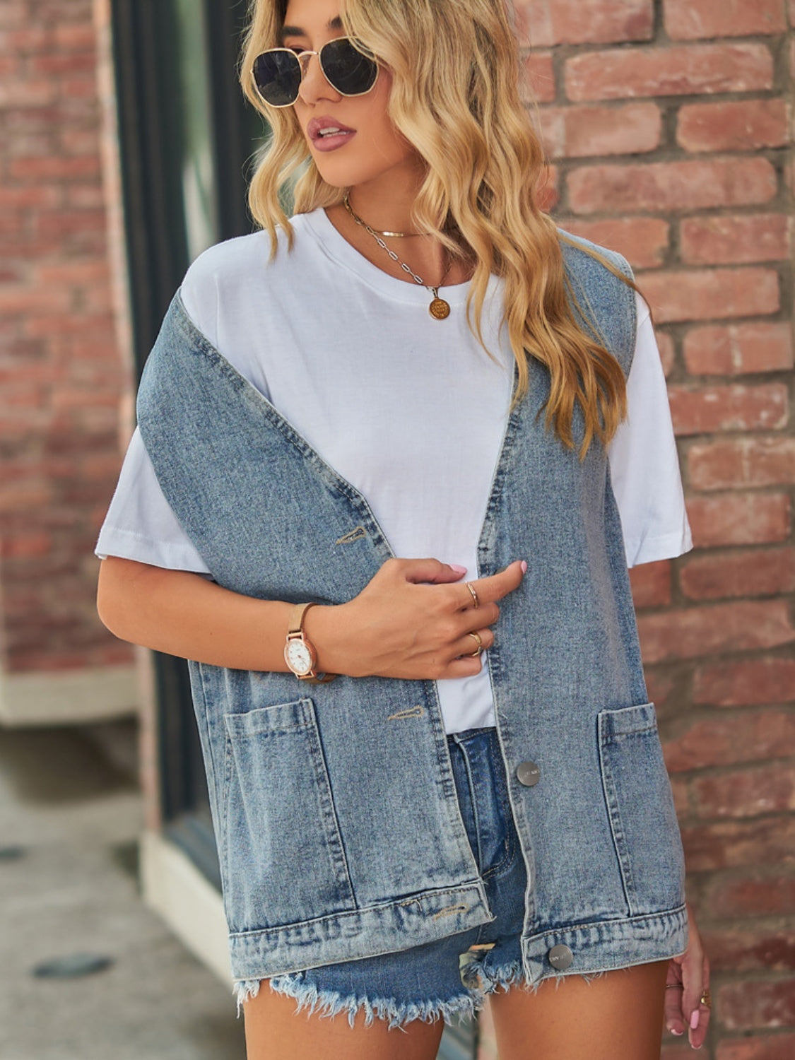 V-Neck Button Up Denim Vest | Rayon Blend