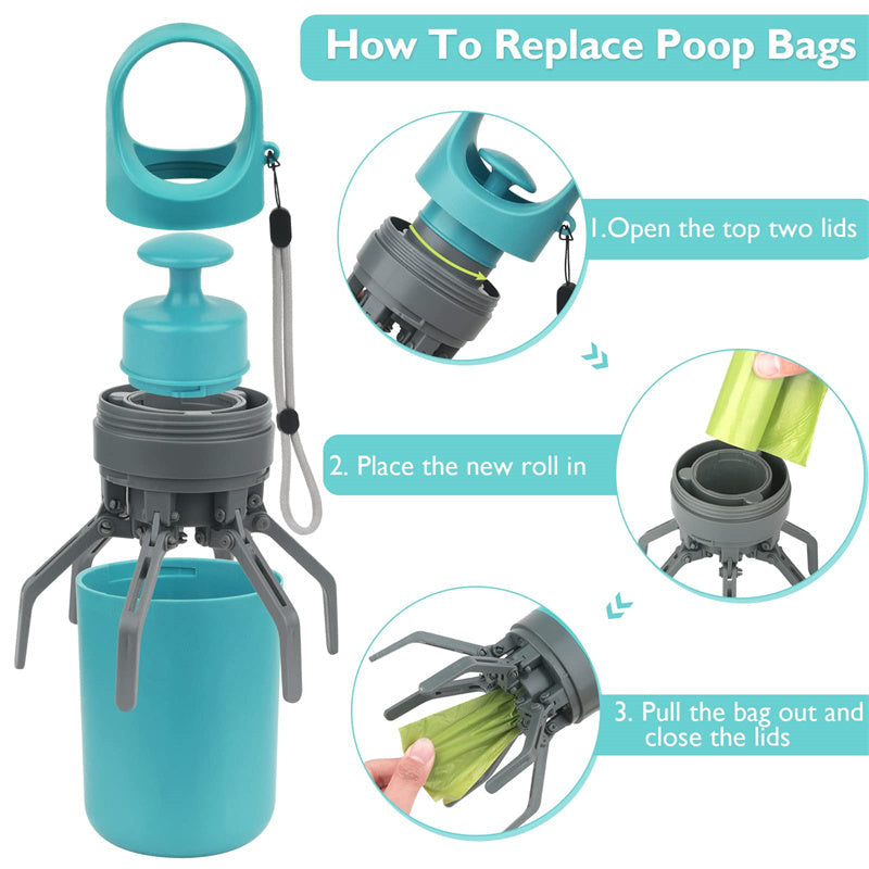 Portable Eight-Claw Dog Pooper Scooper with Bag Dispenser - Teal/Grey