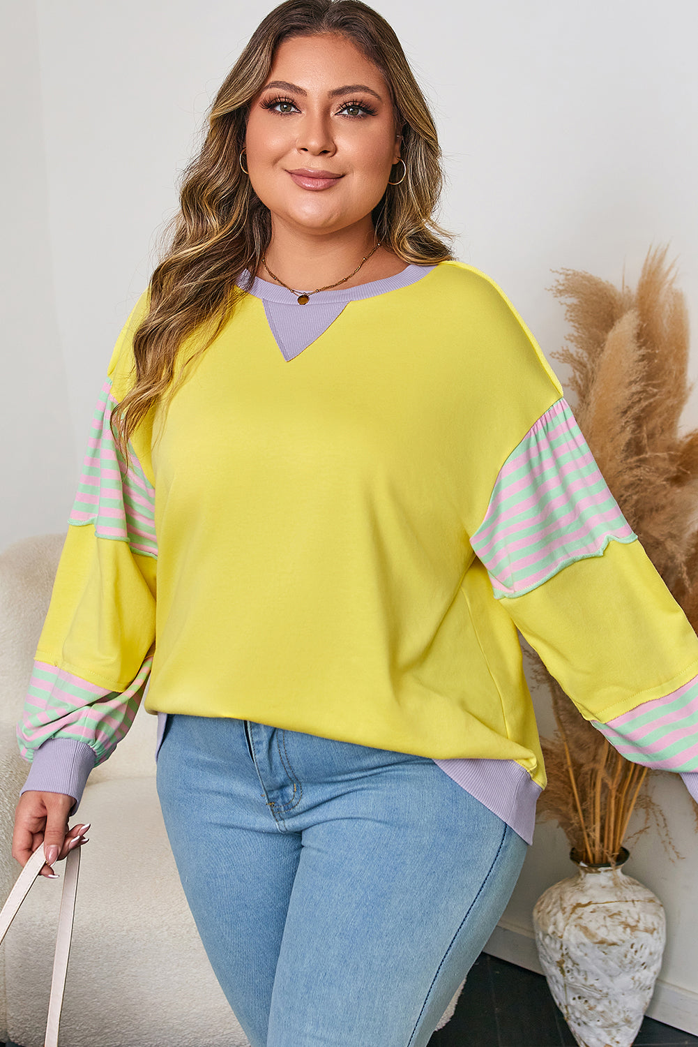 Plus Size Stripe Colorblock Patchwork Long Sleeve Crewneck Sweatshirt