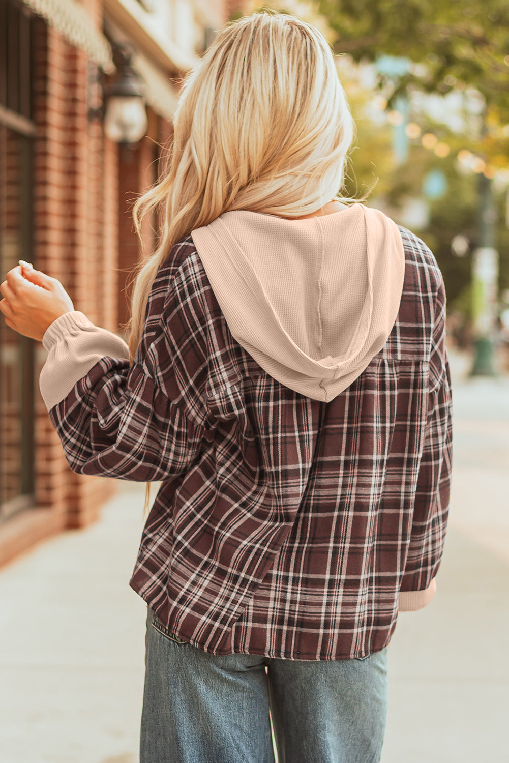 Women's Brown Plaid Patchwork Long Sleeve Hooded Top