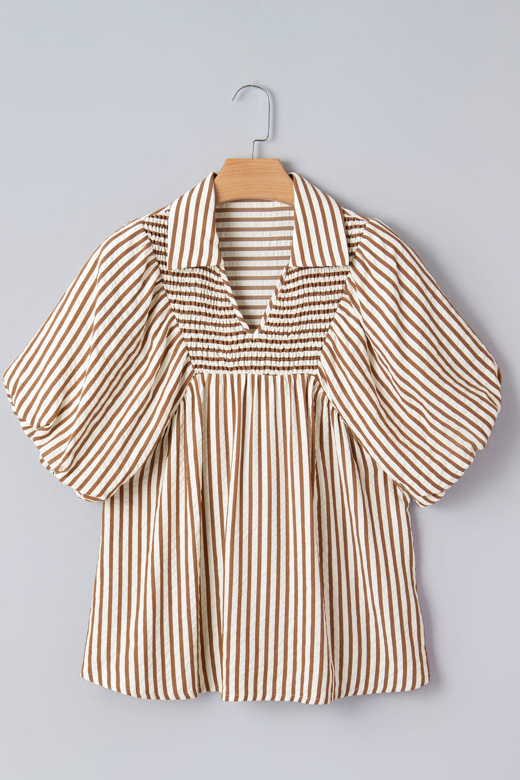 Stripe Shirred V-Neck Blouse with Short Puff Sleeves