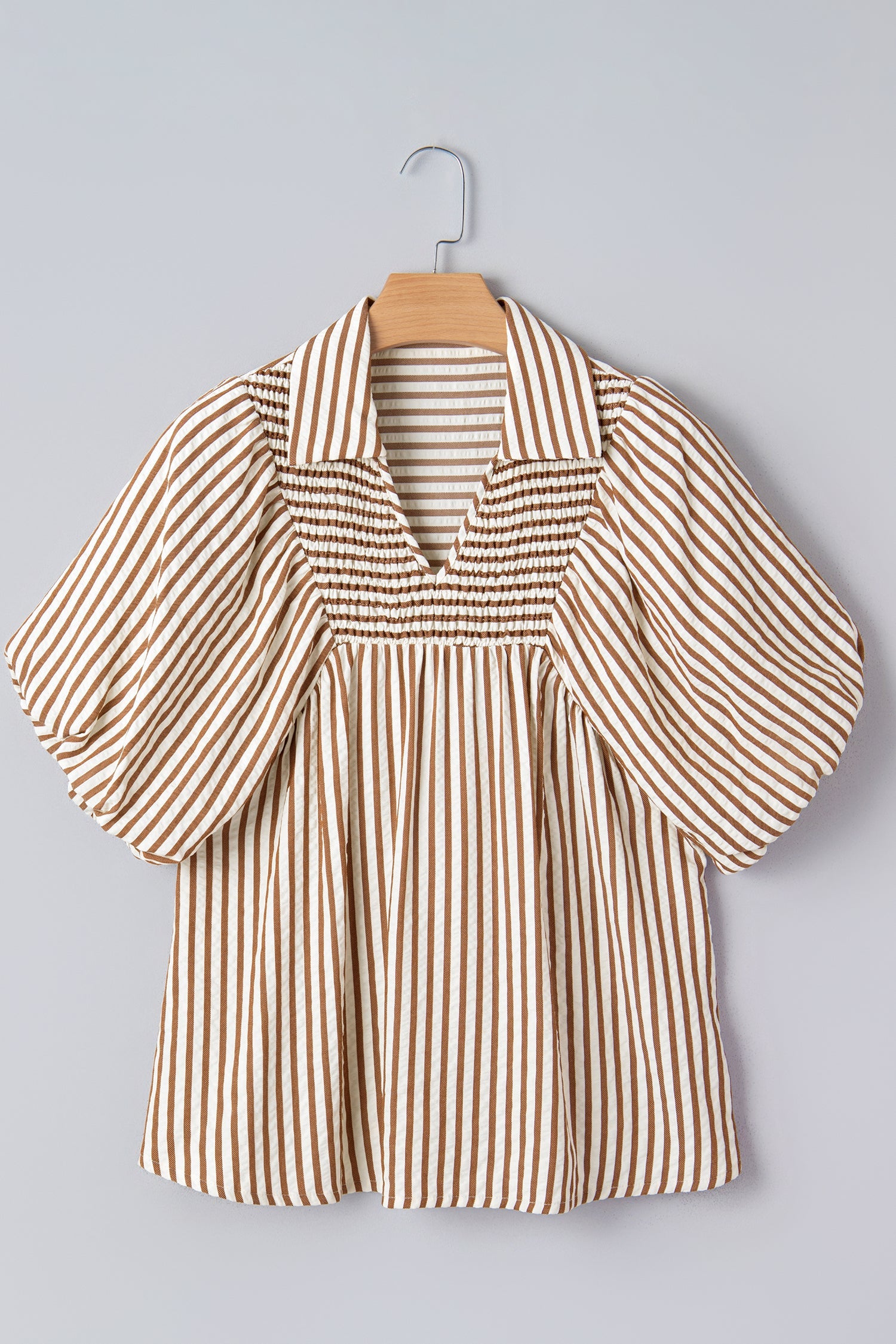 Stripe Shirred V-Neck Blouse with Short Puff Sleeves