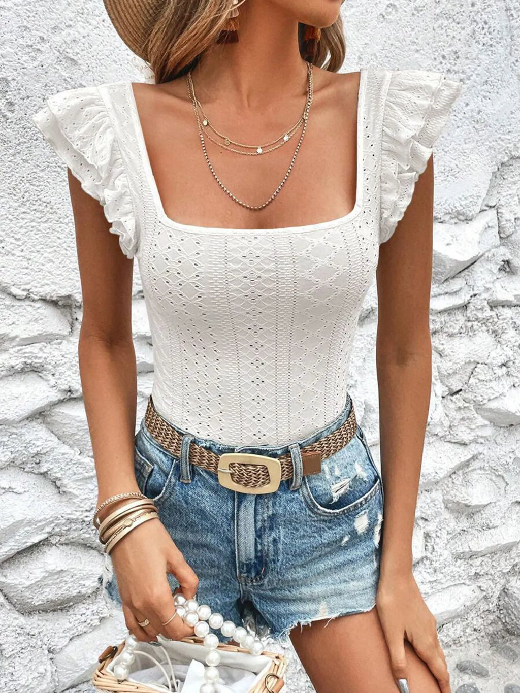 Ruffled Square Neck Eyelet Top