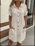 Women's Short Sleeve Button Down Midi Shirt Dress with Pockets