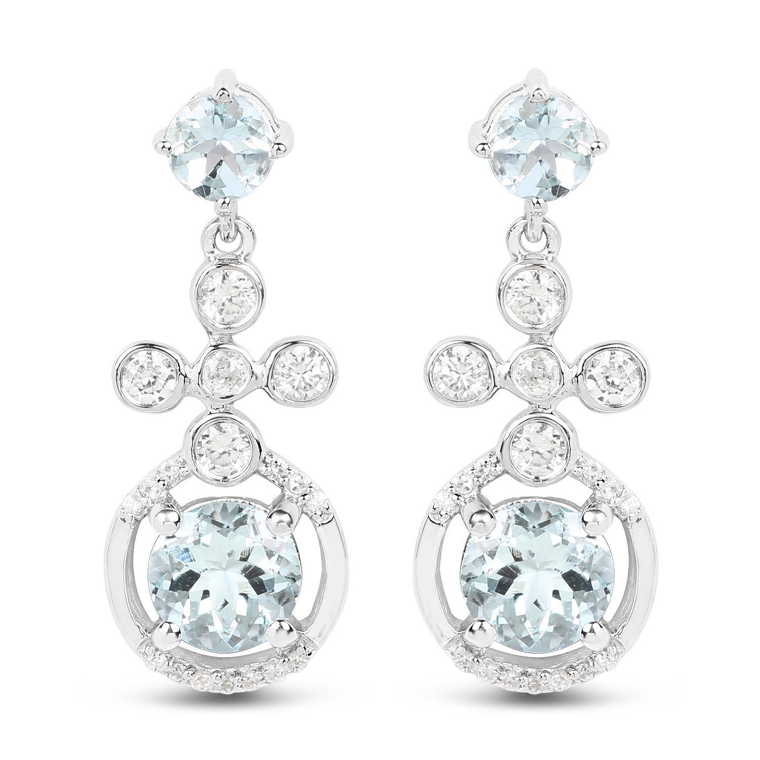 4.42 Carat Genuine Aquamarine and White Zircon .925 Sterling Silver Earrings