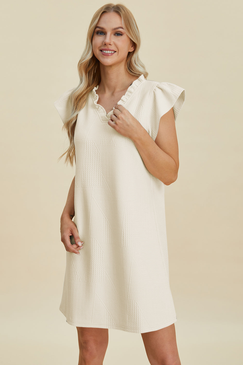 Ruffled V-Neck Cap Sleeve Dress in Elegant Style