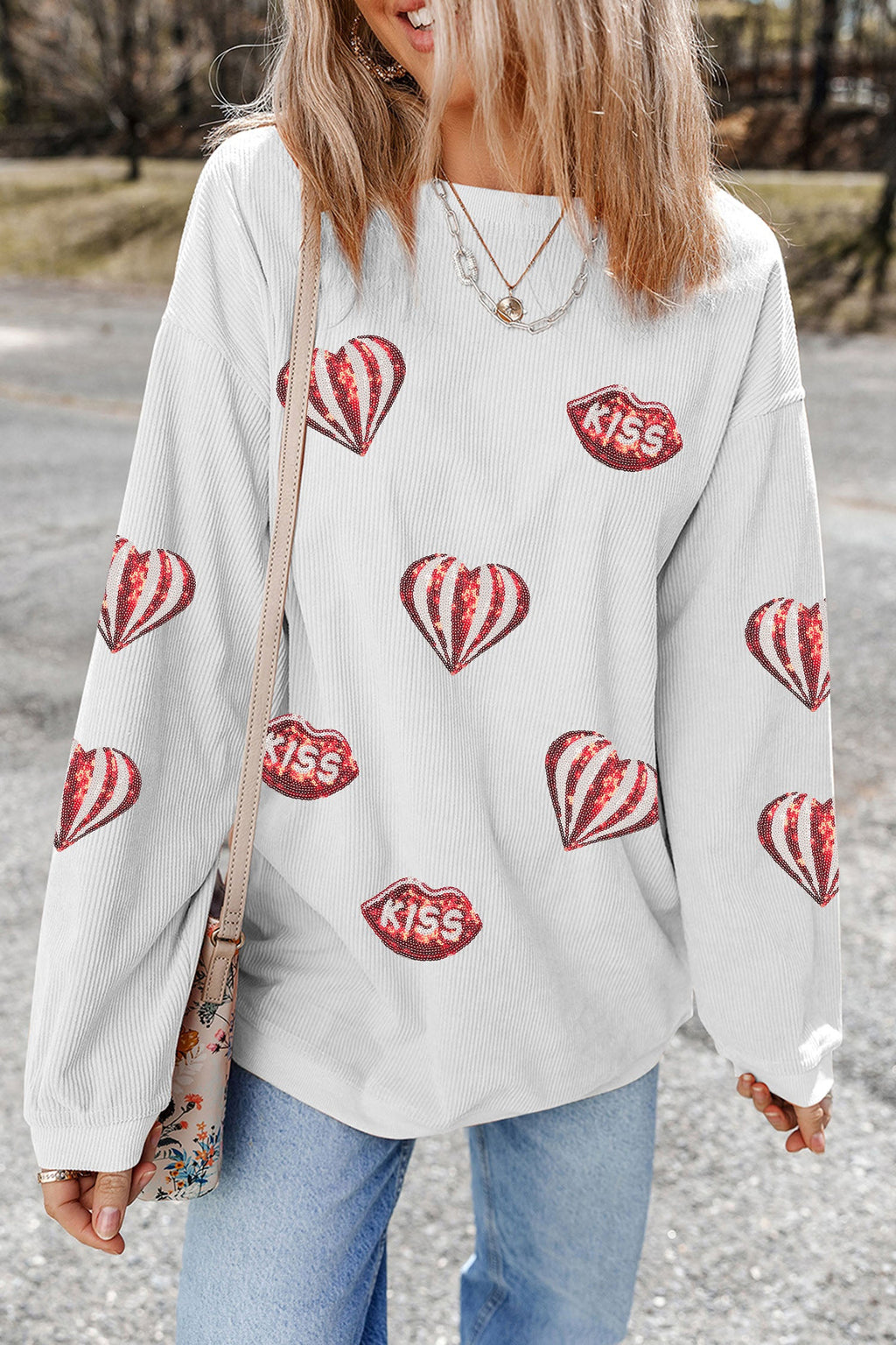 White Sequin Ribbed Graphic Valentine's Day Sweatshirt