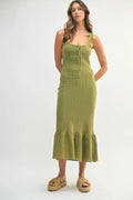 Olive green sleeveless crochet knit midi dress with a feminine ruffled hem