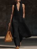 Women's V-Neck Sleeveless Linen Tunic and Wide Leg Pant Set - Image 6