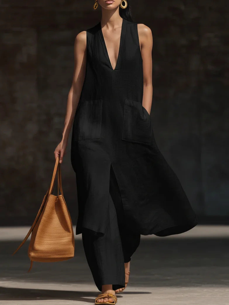 Women's V-Neck Sleeveless Linen Tunic and Wide Leg Pant Set - Image 6